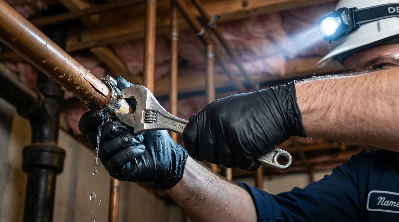 Emergency pipe clamp repair being performed by a Johns Plumbing LLC plumber in Brookwood